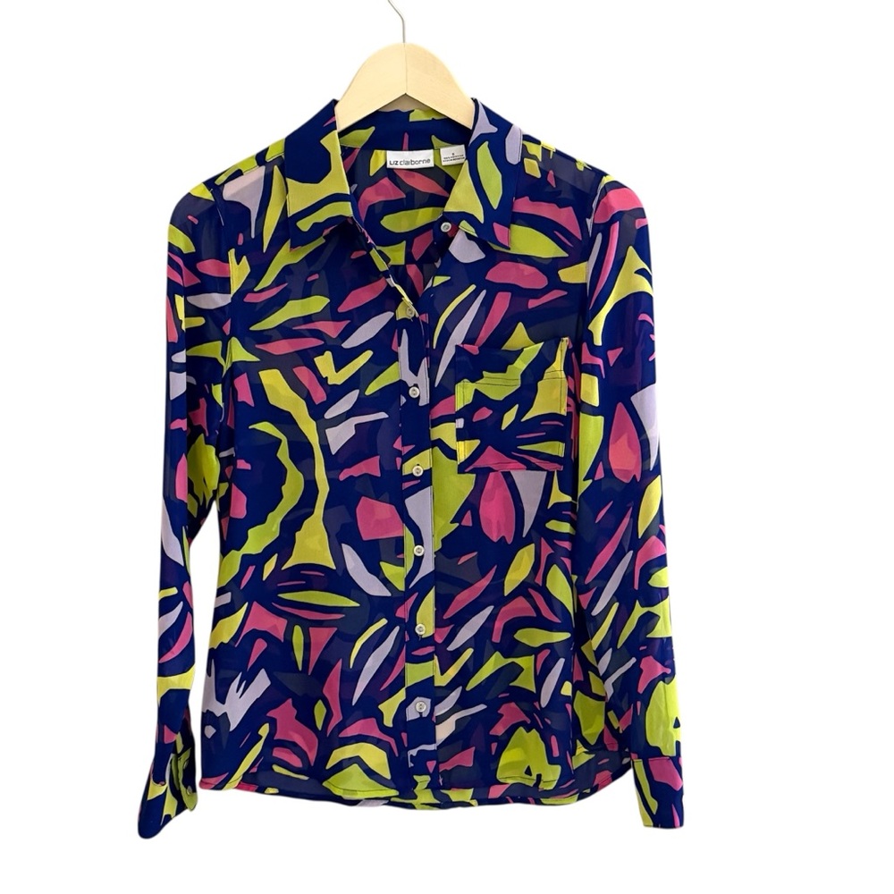 Liz Claiborne Abstract Print Button Down Blouse Sheer Size Small‎